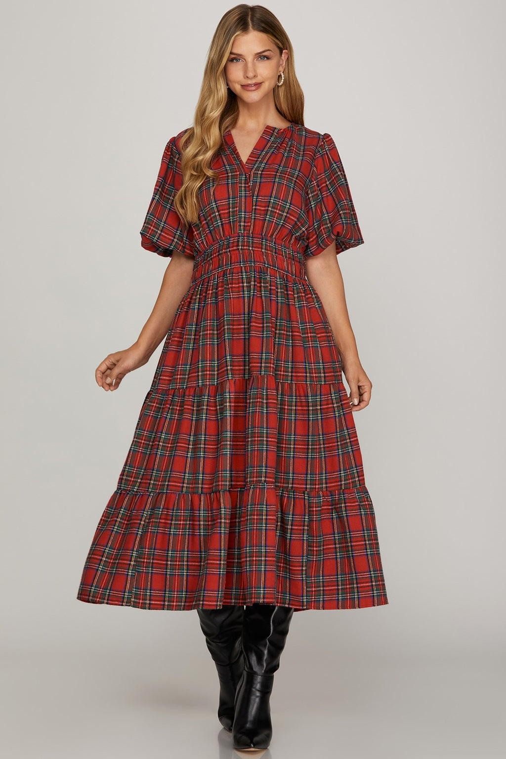 The Caroline Christmas Plaid Dress - RED